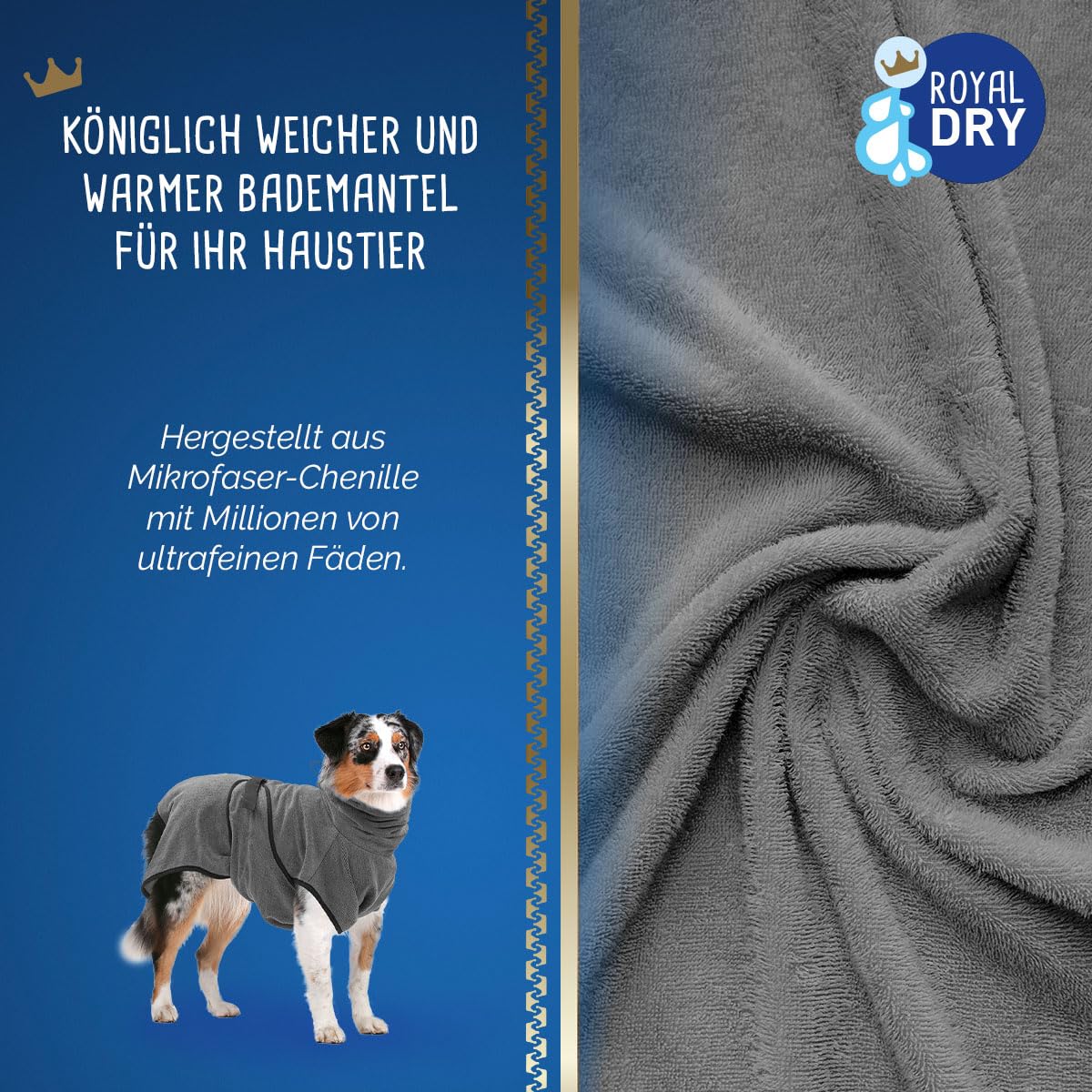 Bademantel Hund XL - Rückenlänge 70-80 cm - Hundehandtuch - Mikrofase - Hundebademantel für große Hunde - Schnell Trocknendes mit Klettverschluss - Grau