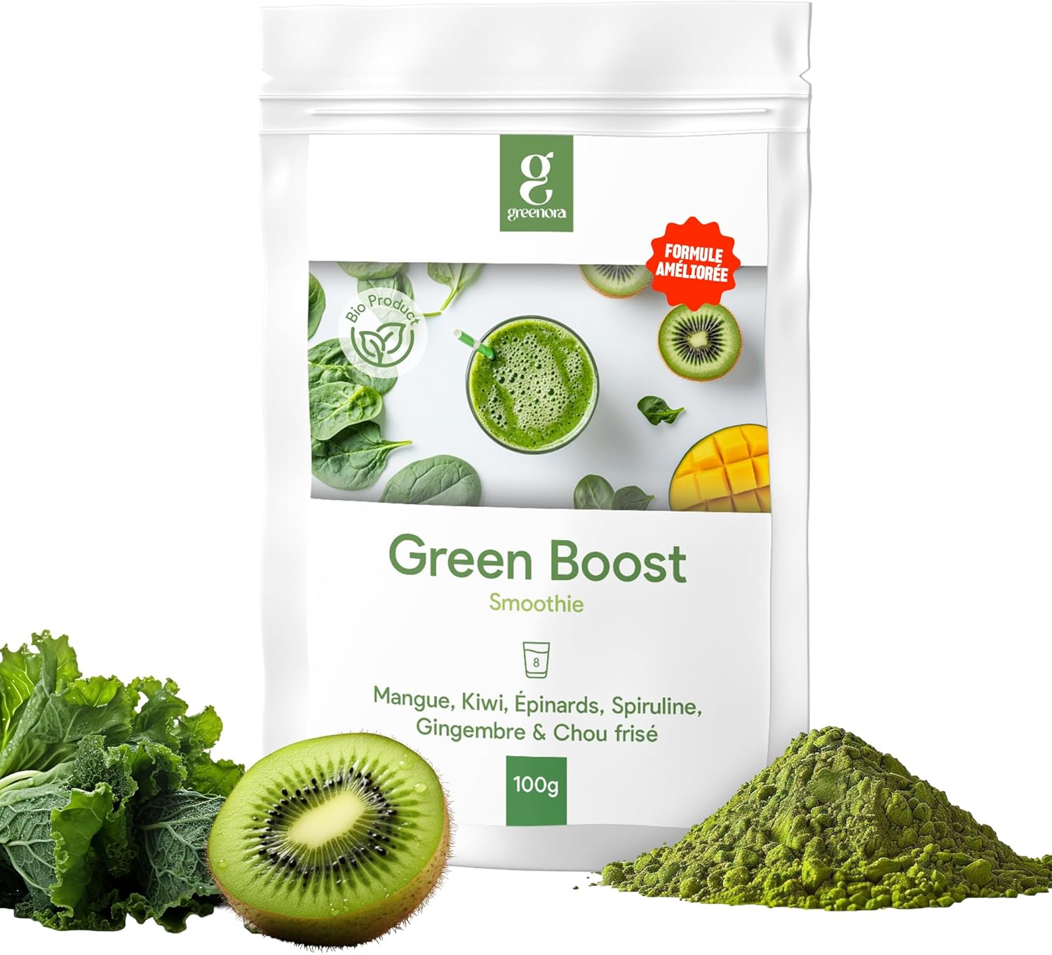 Smoothie Powder Spirulina, Spinach, Ginger, Kale Kale, Mango and Kiwi. 100% Natural Freeze-dried Fruits and Vegetables. Superfoods. 100g