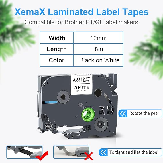 Compatible Label Tape for Brother P-Touch 12 mm TZe-231 0.47 Inch Tape Cassette for PT-1010 D400 H105 H100LB H101 H100R 1000 D200 H107 H101GB Cube Plus, Black on White