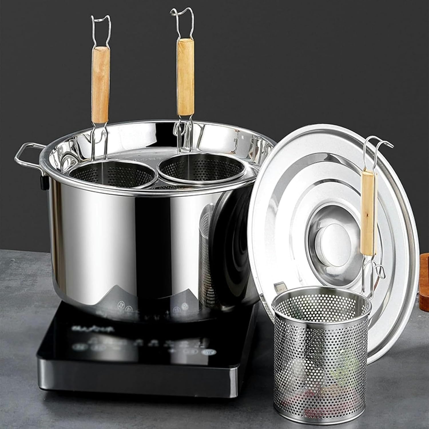 XENITE 3/4/5 Holes Pasta Cooker Insert Set, Stainless Steel Heavy Duty Commercial Cooking Tool with Colander Strainer for Hot Pot Boiled Noodles Canning (Color : 5 Holes)