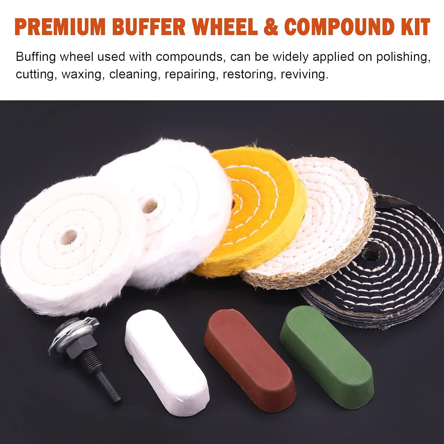 Tanstic 9Pcs 4'' Buffing Polishing Wheels Set Soft(30Ply)/ Fine(50Ply)/ Medium(38Ply)/ Coarse 1/2" Thick with 1/2" Arbor Hole with 1/4" Shank and 3Pcs Polishing Compounds for Bench Grinder or Drill