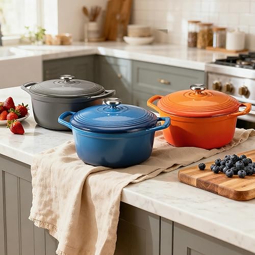 Vista 70 de Overmont Horno holandés de hierro fundido esmaltado de 5.5 cuartos de galón con tapa, cacerola resistente con asas dobles para estofar, guisos