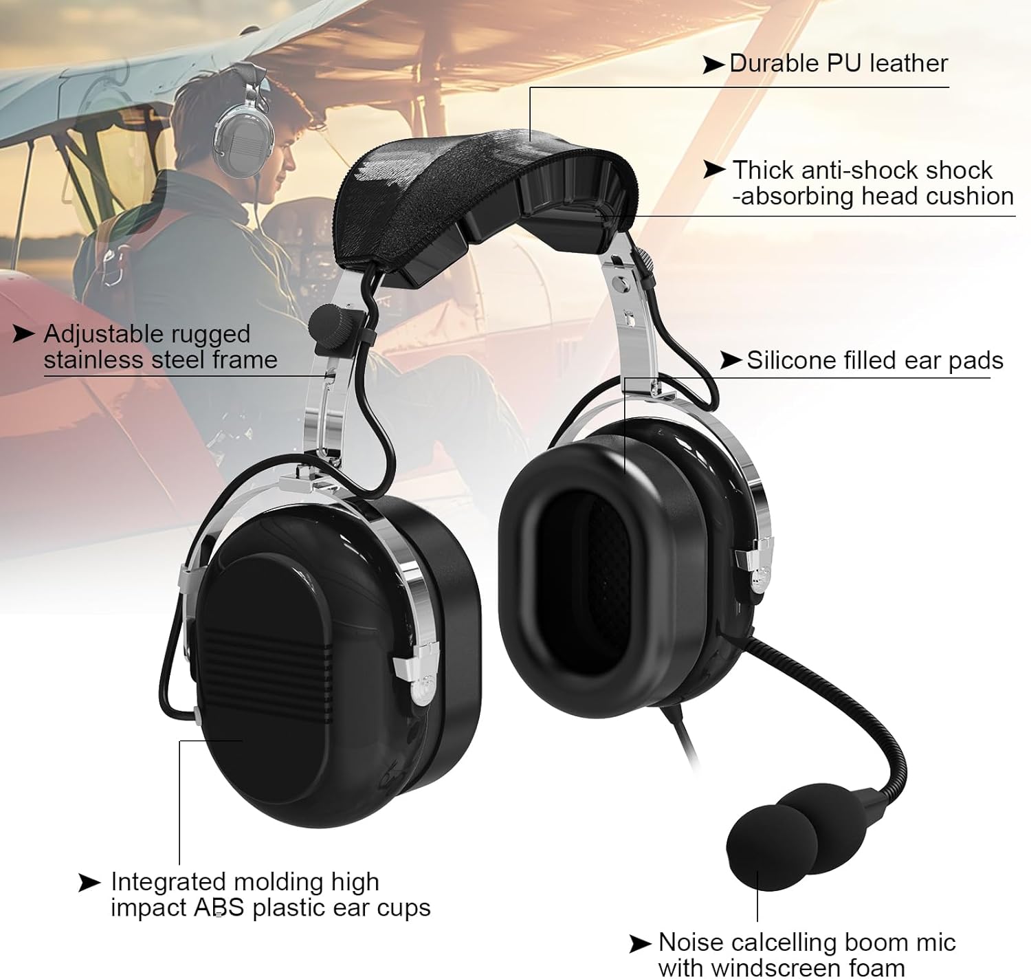 Passive Noise Cancelling Pilot Headphones for Flight School Student, Dual GA Plug, PNR General Aviation Headsets for Pilots, Mono and Stereo, with MP3 Input