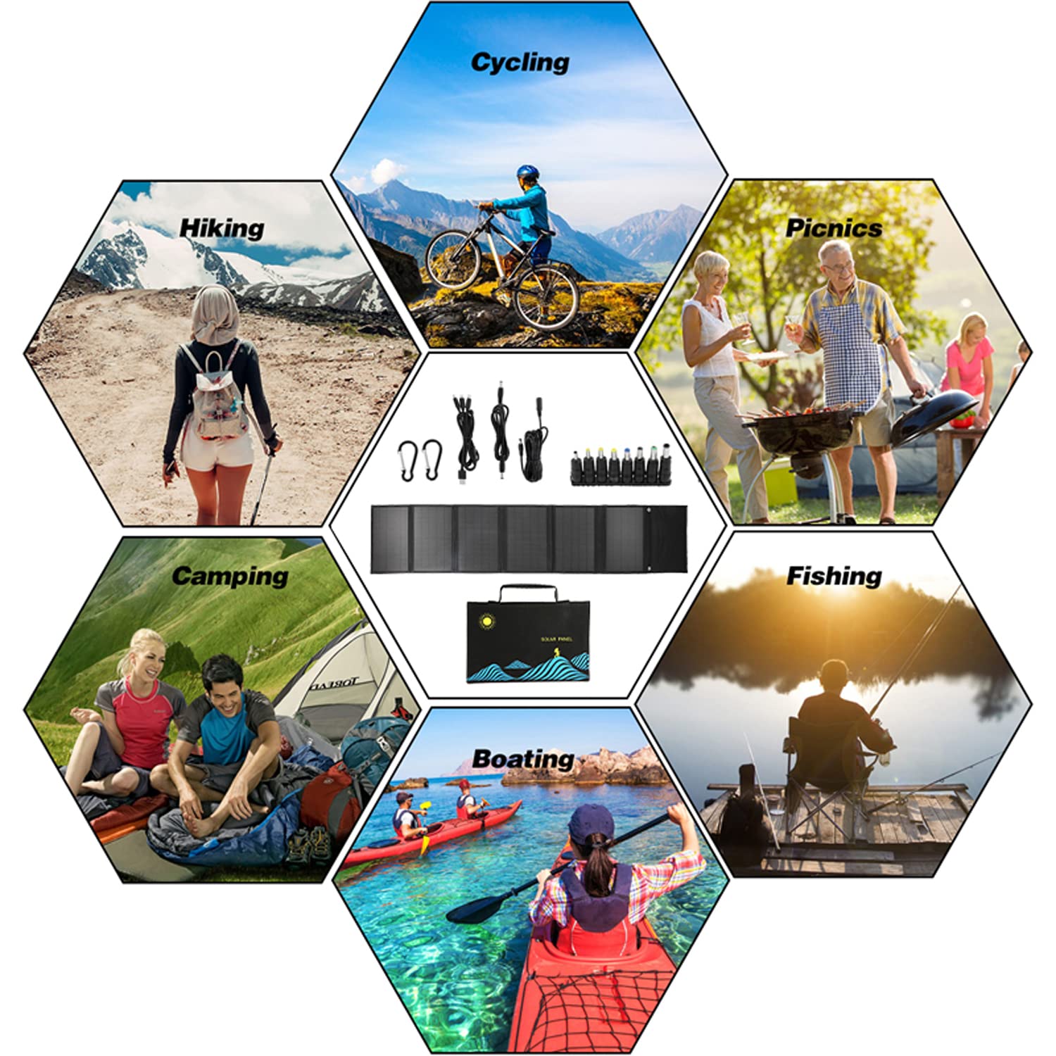 Dispositif de Charge Solaire Pliable Portable, kit de Chargeur Solaire, Sac Pliable pour Panneau Solaire 100 W, Sortie USB + DC, Plus de Puissance, Design Compact, pour Le Camping, la randonnée