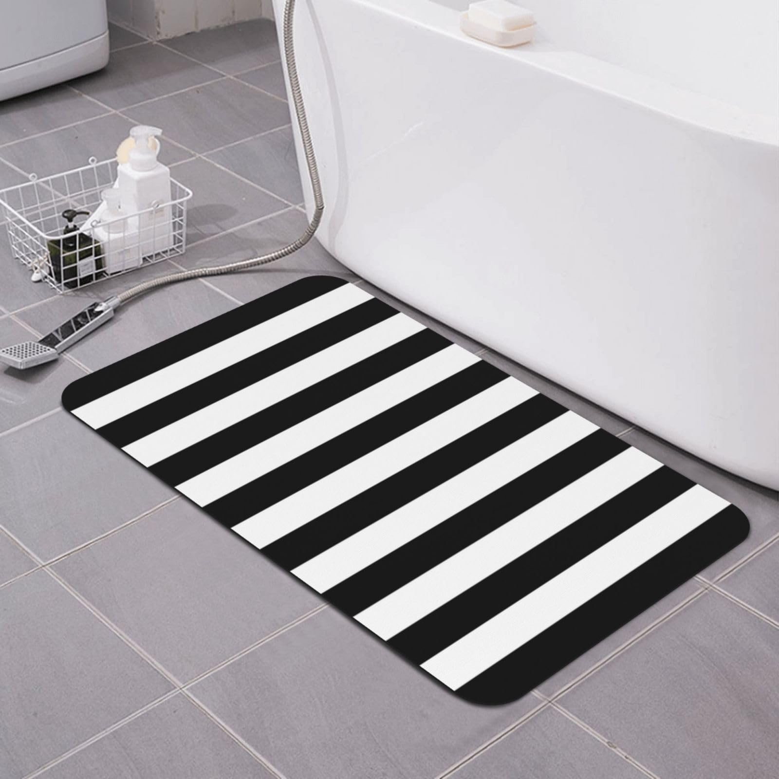 Tapis de bain super absorbant de diatomée à rayures noires et blanches