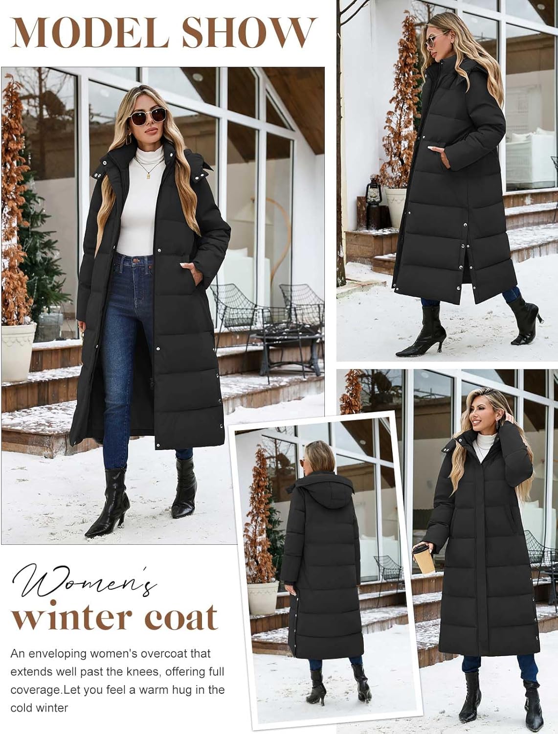 Women Long Puffer Coat Maxi Thickened Quilted Padded Jacket Winter Warm Zip Parka Removable Hood Buttoned Slit Hem - Image 6