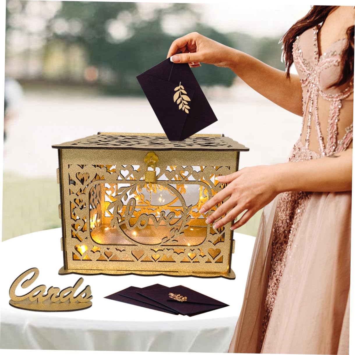 Wooden Hollow Greeting Card Box with Lock Portable Square Wood Card Holder for Wedding Birthday Party and Valentine’s Day Decoration