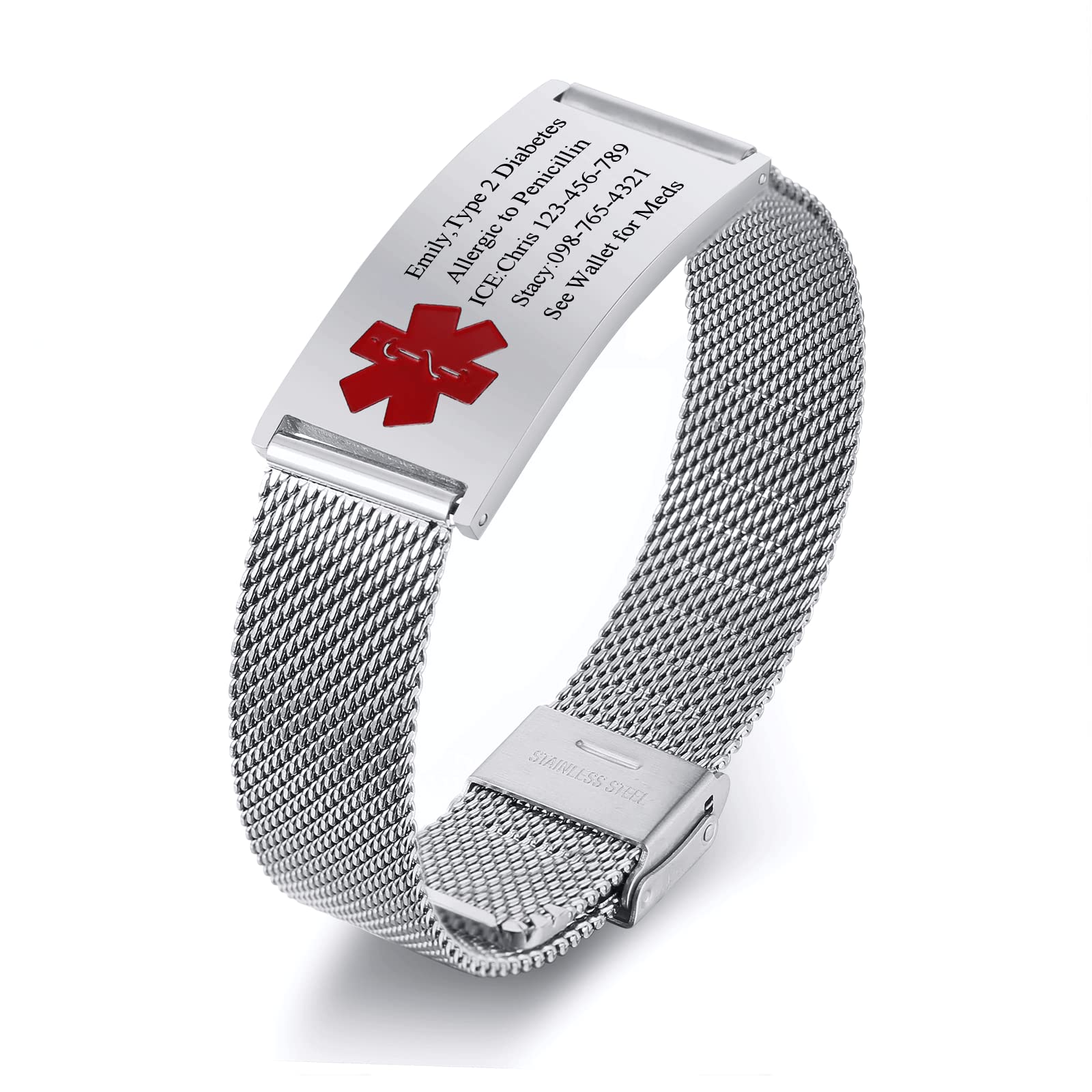 VNOX Medical Alert Bracelets for Men &amp; Women Kids with Free Engraving Adjustable Stainless Steel Mesh Emergency Medical ID Bracelets Wristband