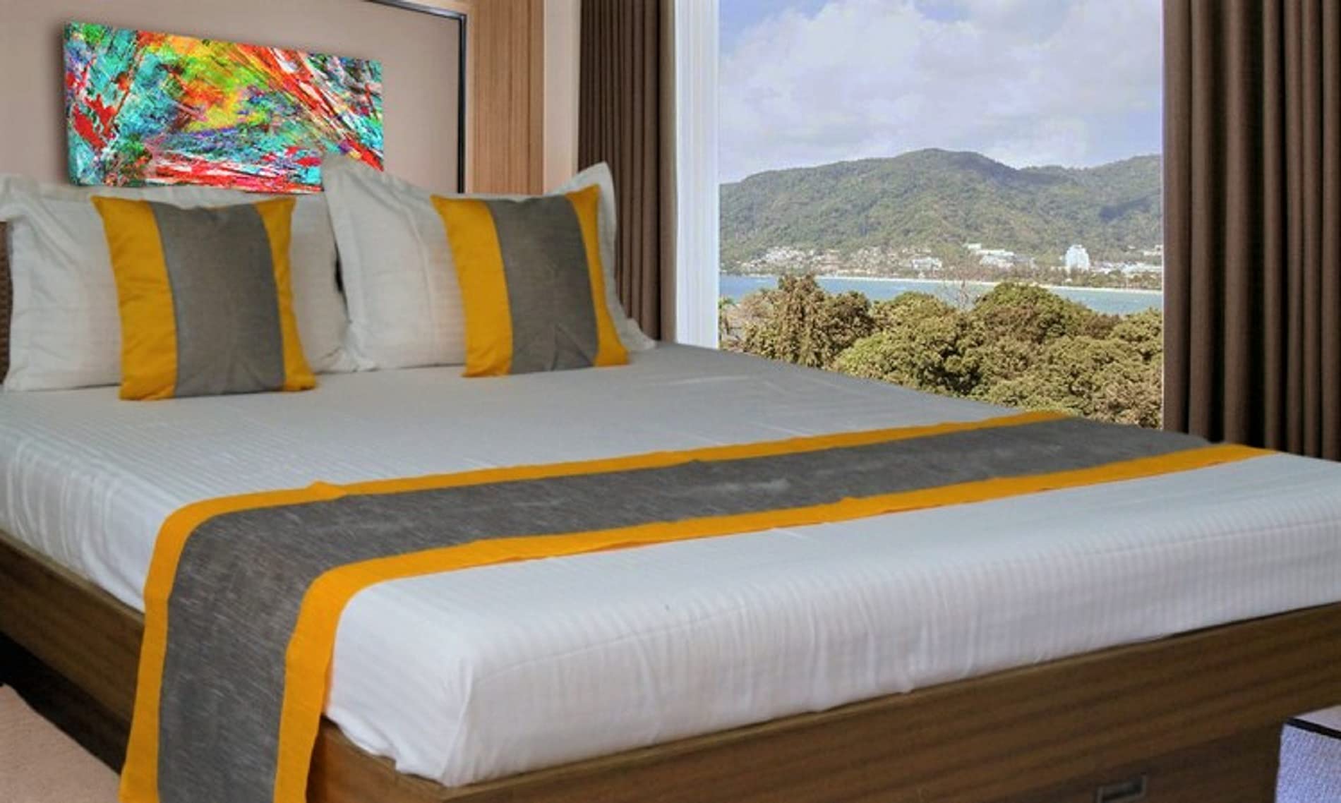 Raw Silk Silver & Yellow Double Runner with 2 Cushion Covers : 21IN * 96IN, 16IN * 16IN