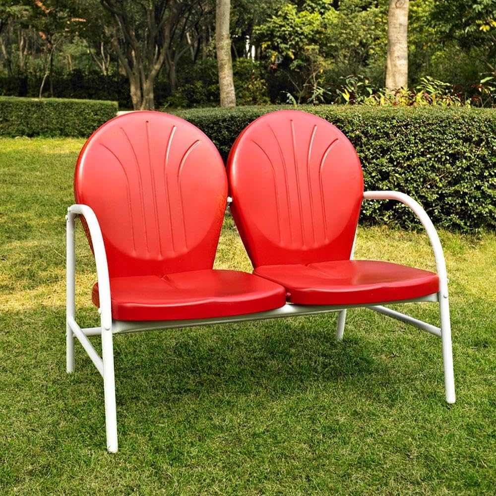 Outdoor Metal Loveseat Bright Red Gloss, Retro Patio Furniture, Weather-Resistant