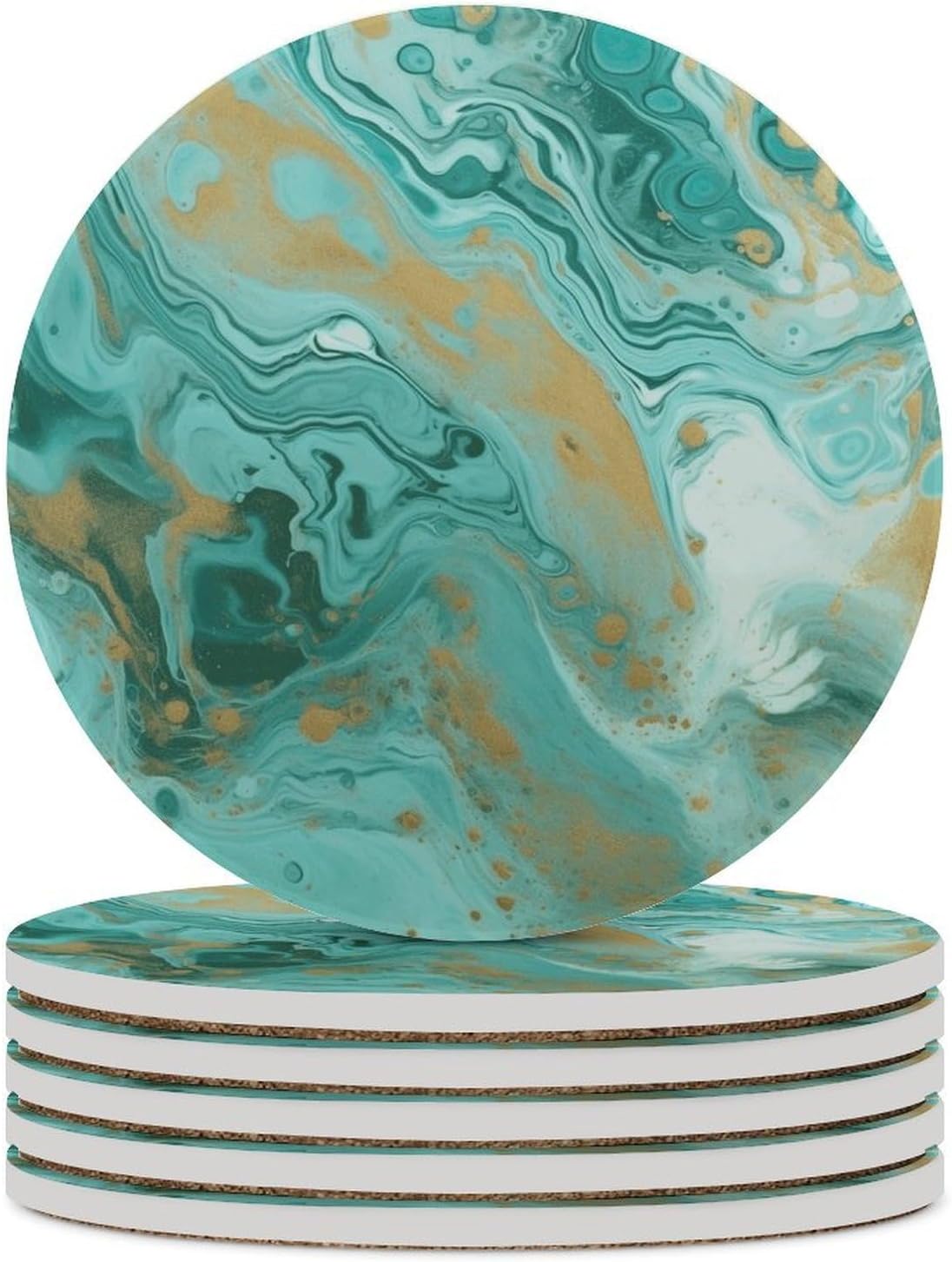 Teal and Gold Marble Coaster with Cork Base Drink Coasters for Coffee Table Decor Modern Cup Coasters with Non-Slip & Heat-Resistant Cute Ceramic Table Coaster for Home Dining