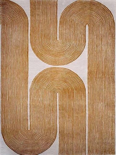 Hand Tufted 100% New Zealand Wool Area Rug 6x9 Ft – Modern Mustard Geometric Line Art Carpet, Soft Cozy Plush Pile, Cotton Backed Handmade Rug for Living Room, Bedroom, Nursery & Home Decor