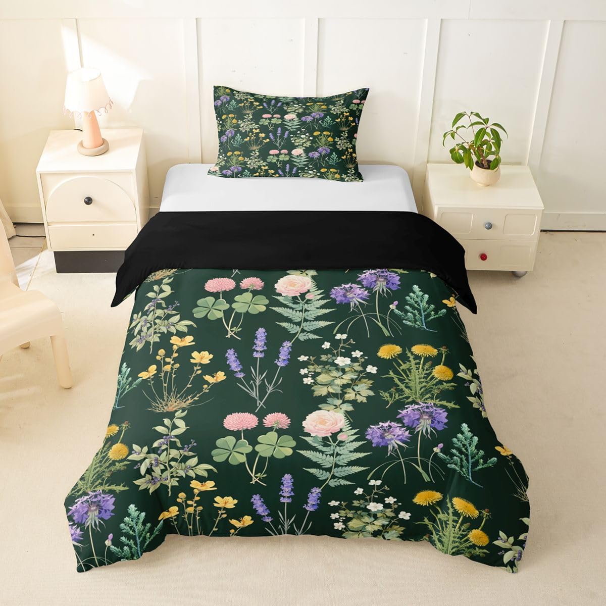 Feelyou Flower Duvet Cover Toddler Size Floral Spring Bedding Set Breathable Soft Pink Green Block Print Comforter Cover 2Pcs Boho Bedroom Decor Farmhouse