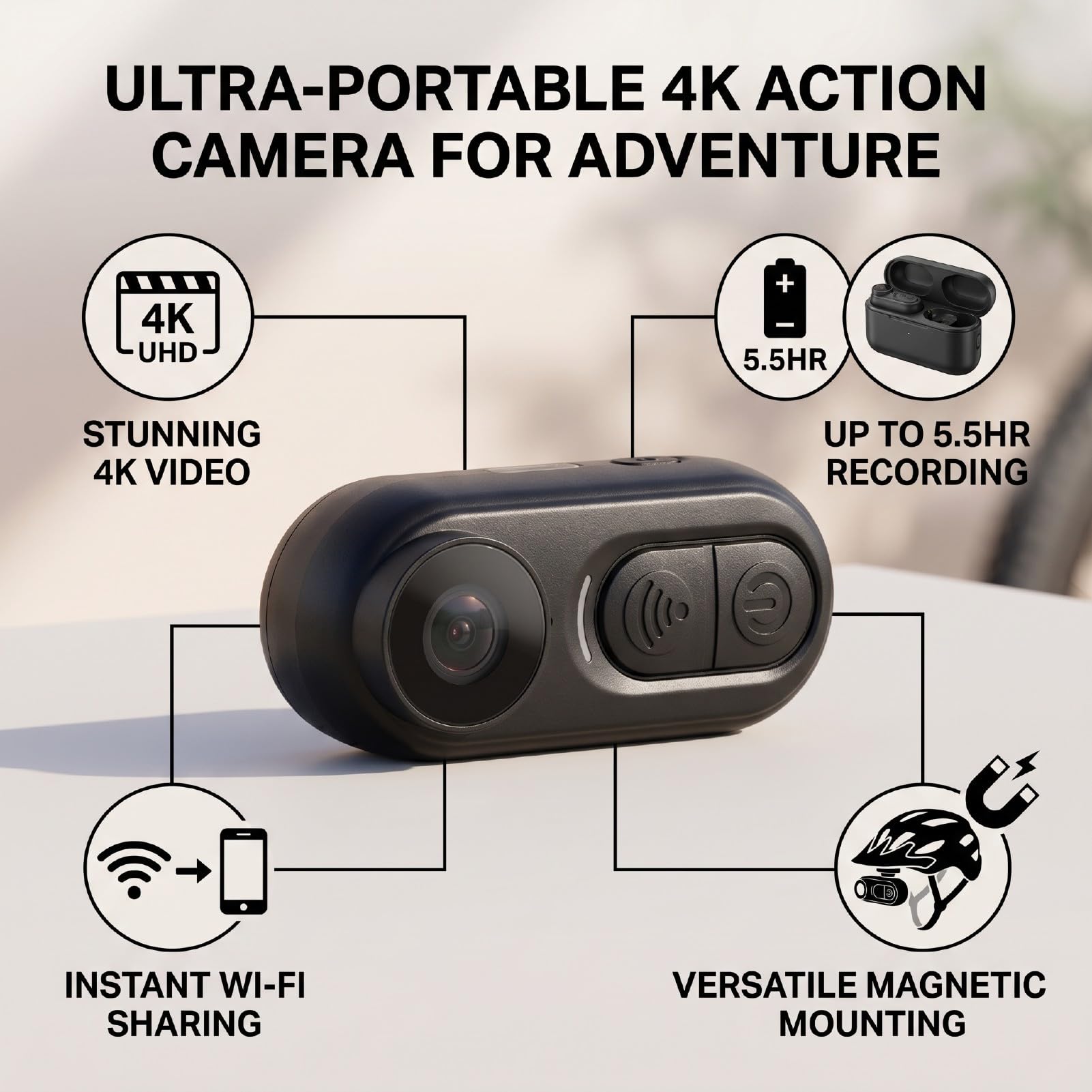 Jectse Action Camera Indossabile 4K, Fotocamera Sportiva Leggera con WiFi e Custodia di Ricarica da 2500 mAh per Supporto per Casco da Ciclismo