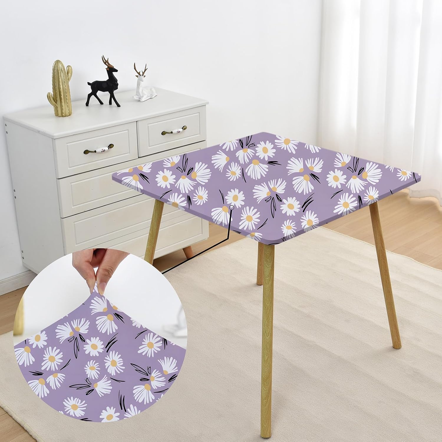 Spring Summer Square Fitted Light Purple Tablecloth with Elastic 38x38 Inch Outdoor Card Table Cover Washable Non Slip Table Cloth Kitchen Wrinkle Free for Camping Party Decor with Daisy Floral image 2