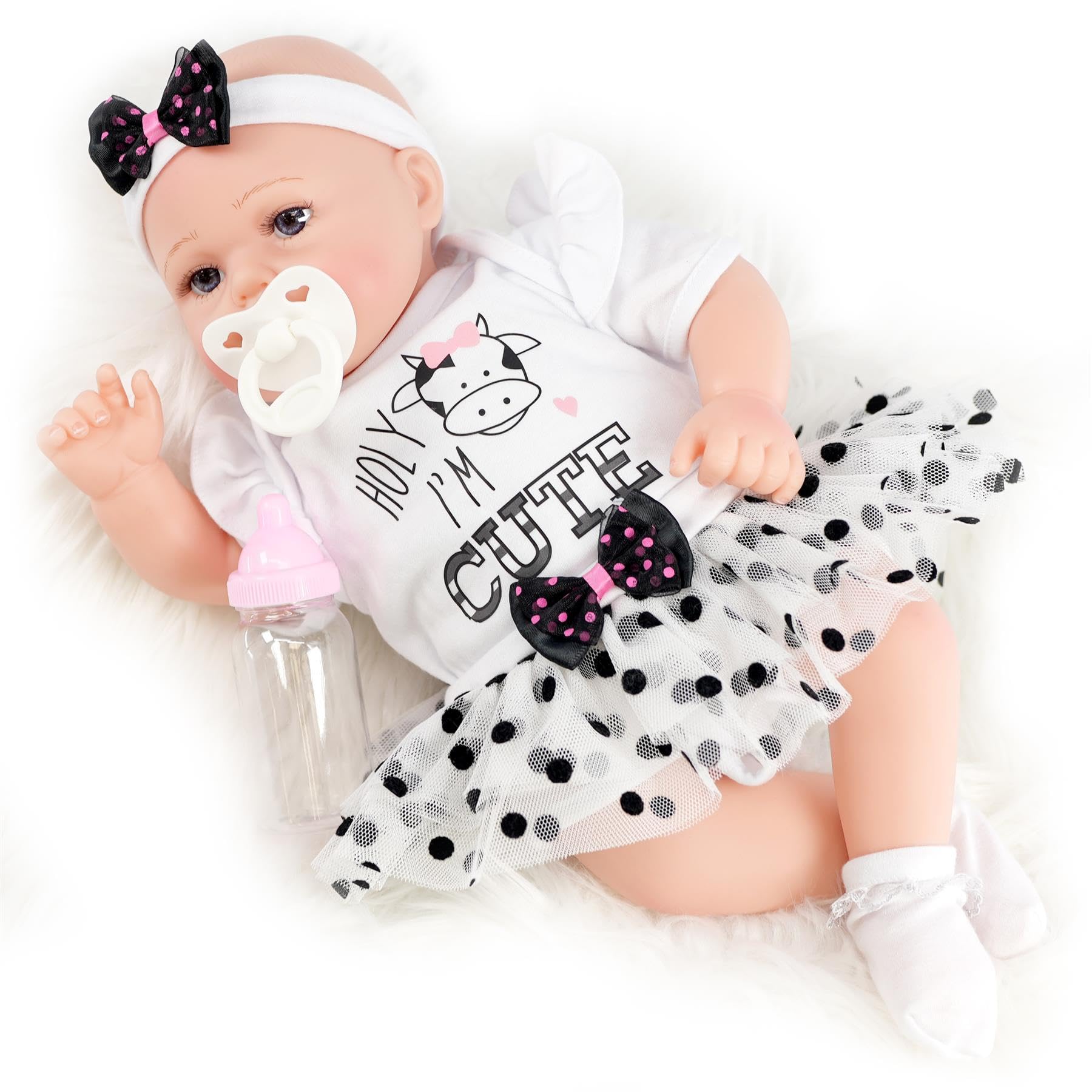 The Magic Toy Shop BiBi Doll Reborn Baby Girl “Jasmine” 17-Inch – Realistic Newborn with Vinyl Head, Cloth Body, Dummy, Milk Bottle, Birth Certificate & Cow-Themed Outfit – Dolls for Girls — image 1