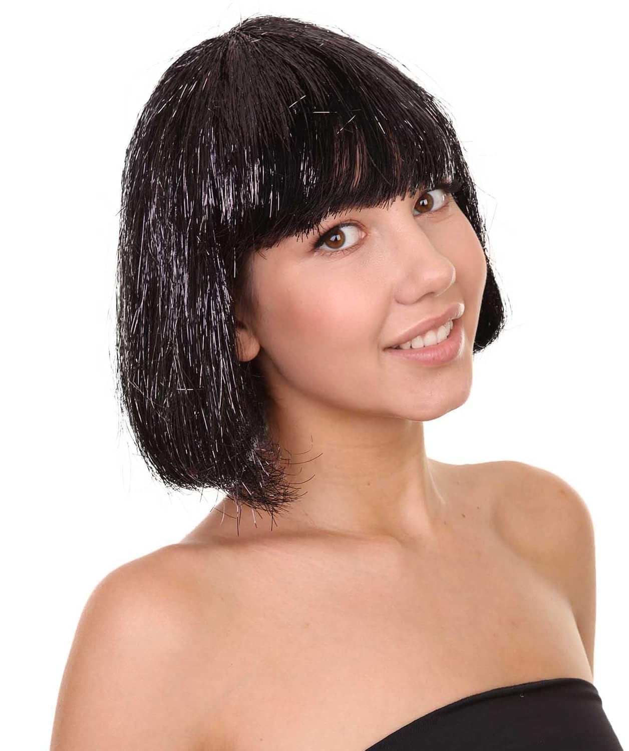 Premium Adult Women's Tinsel Bob Wig Collection – Various Color Choices, Breathable Capless Design, Flame-Retardant Synthetic Fiber, Black