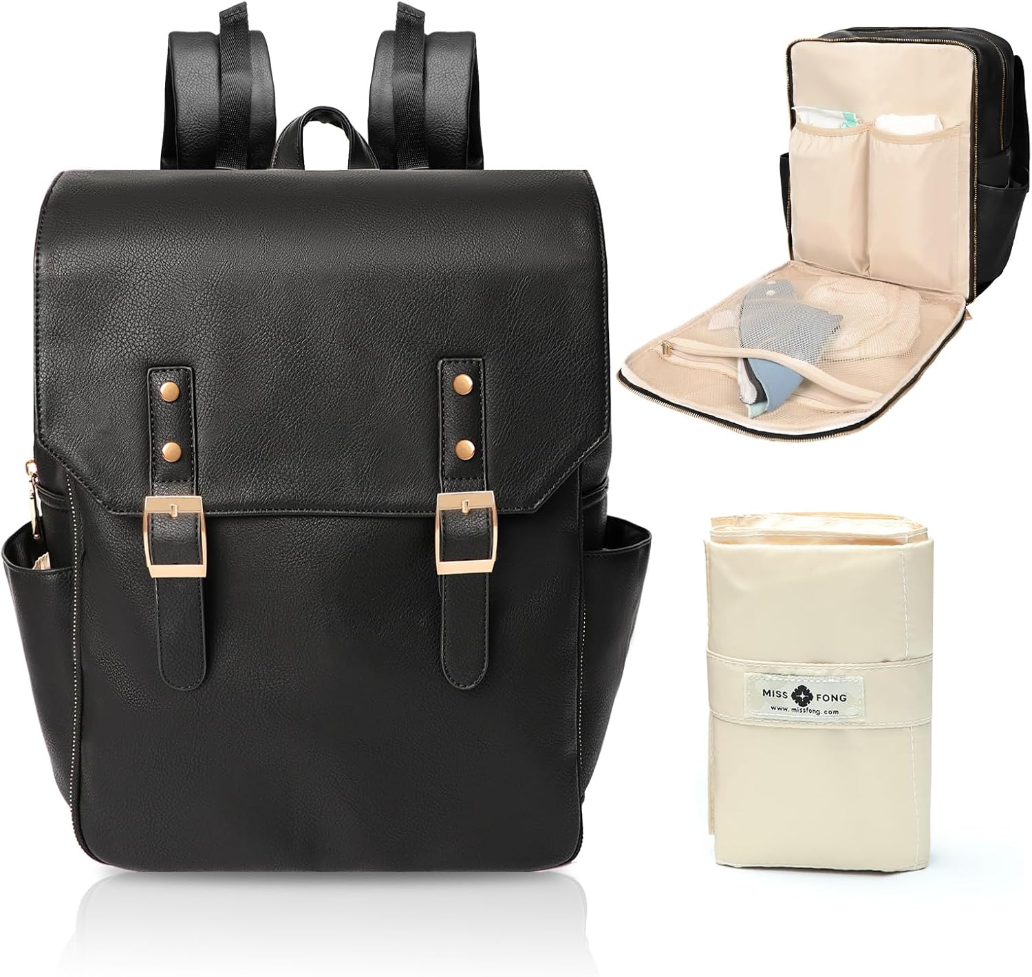 miss fong Leather Diaper Bag Backpack Baby Diaper Bag for mom dad with 12 Pockets,Diaper Changing Pad and 4 Insulated Pockets Dark Black