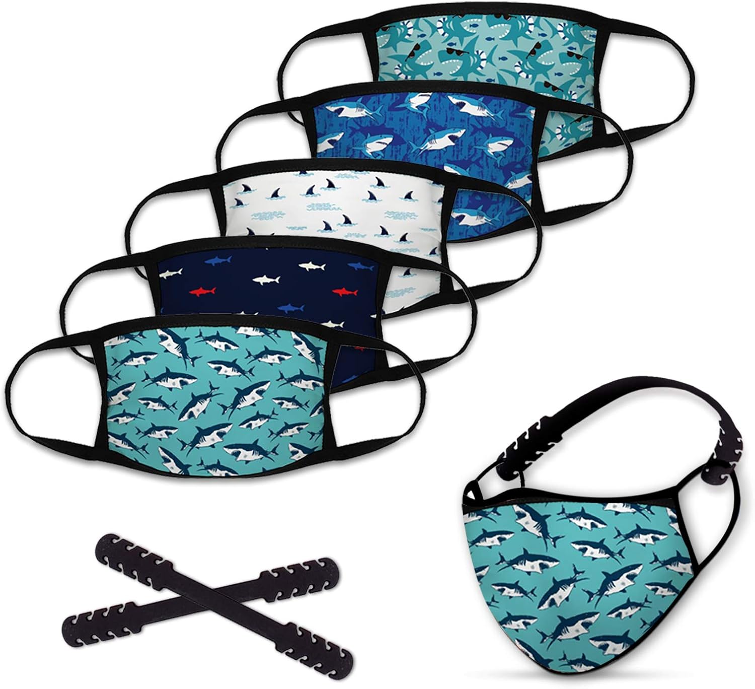AWEHIRU Kids Reusable Face Mask, 5pcs Washable Face Mask with 2 Adjustable Mask Extender Strap, Elementary School Students Cloth Face Mask, 2 Layers Face Cover for Boys Girls Teens Ages 4-12