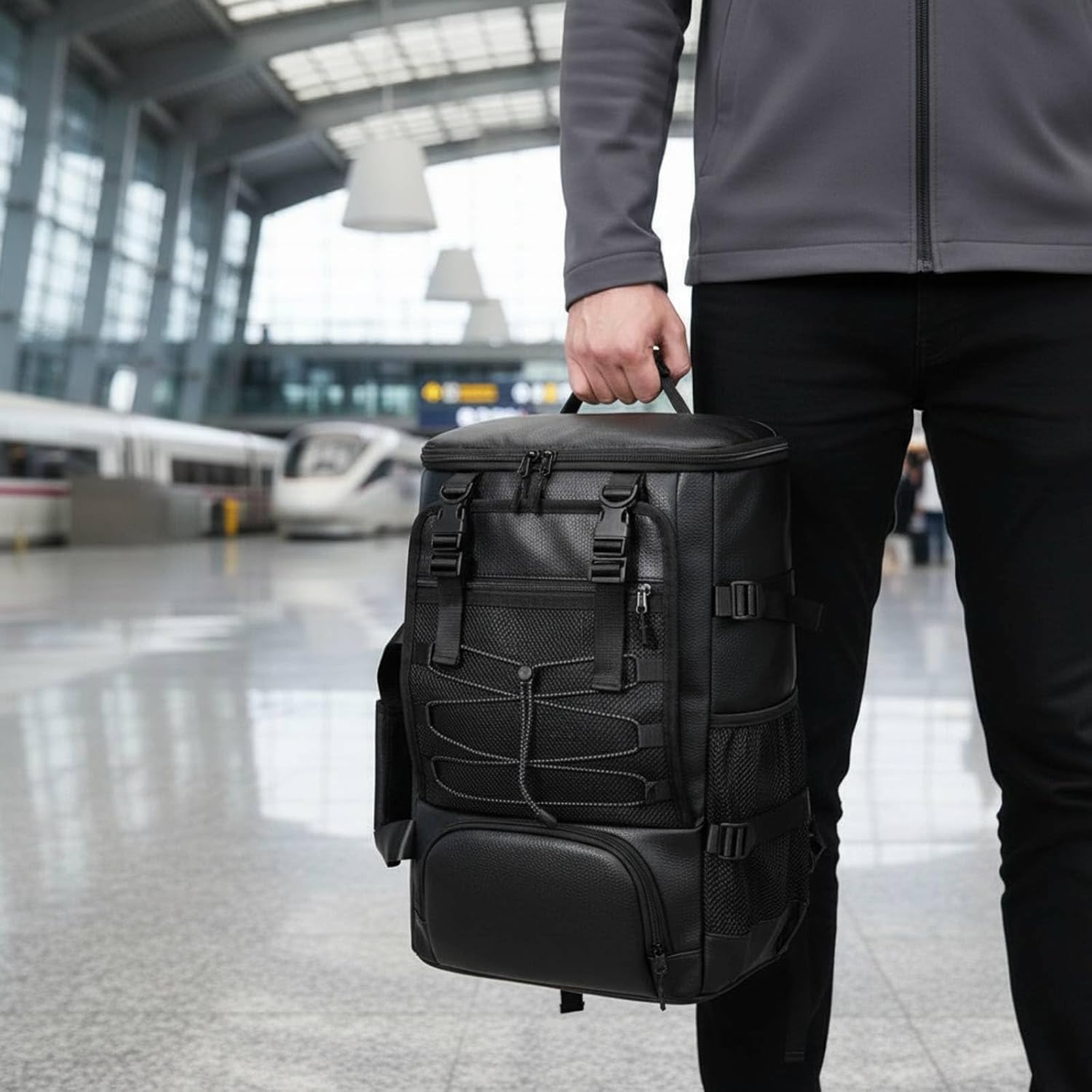 PU Leather Skateboard Backpack Versatile Design Multipurpose Helmet Carrier Bag Luggage Strap Sports Rucksack for Journeyers, Outdoor Activities