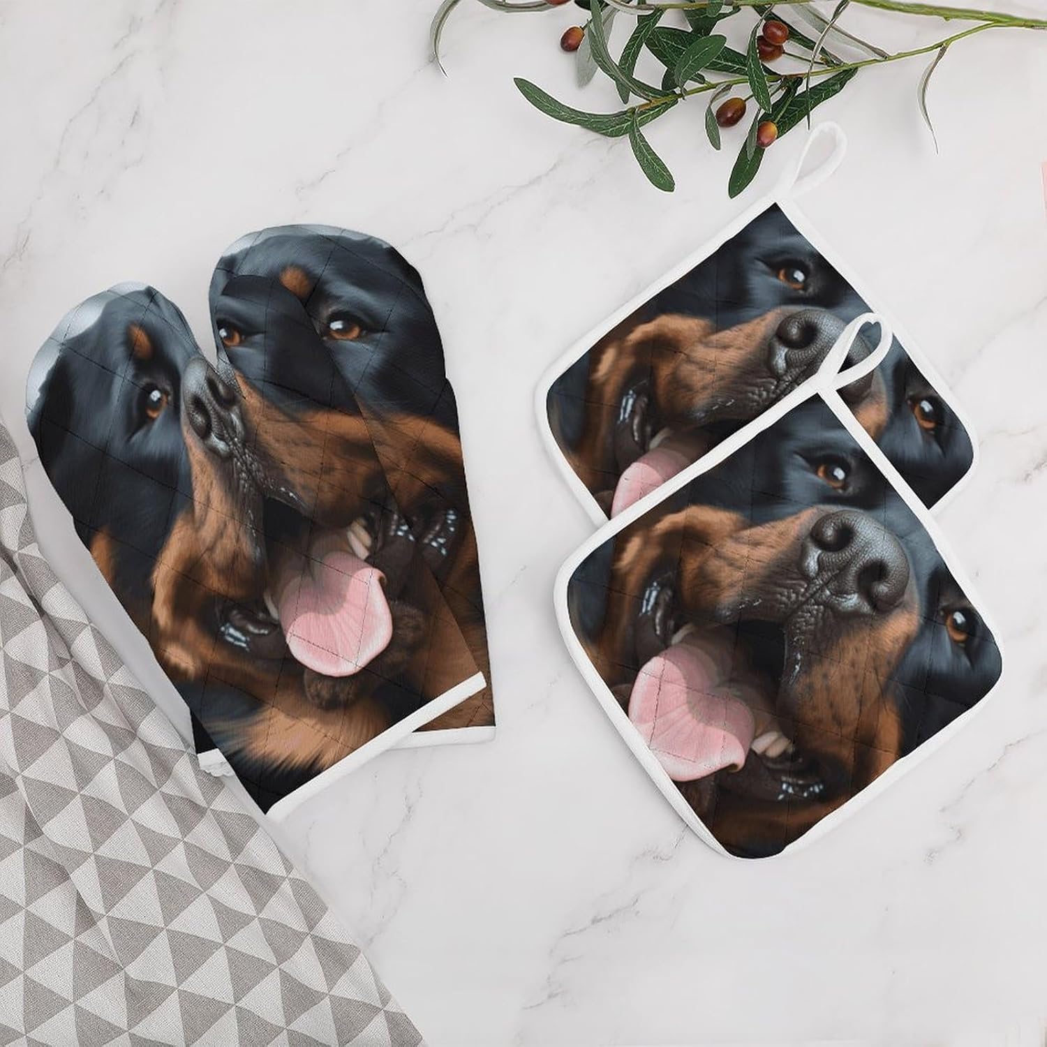 4-Piece Oven Mitts and Pot Holders Set Rottweiler Dogs Tongue Head Printed Heat-Resistant Polyester Kitchen Gloves and Potholders Comfortable & Durable for Cooking Baking and Grilling