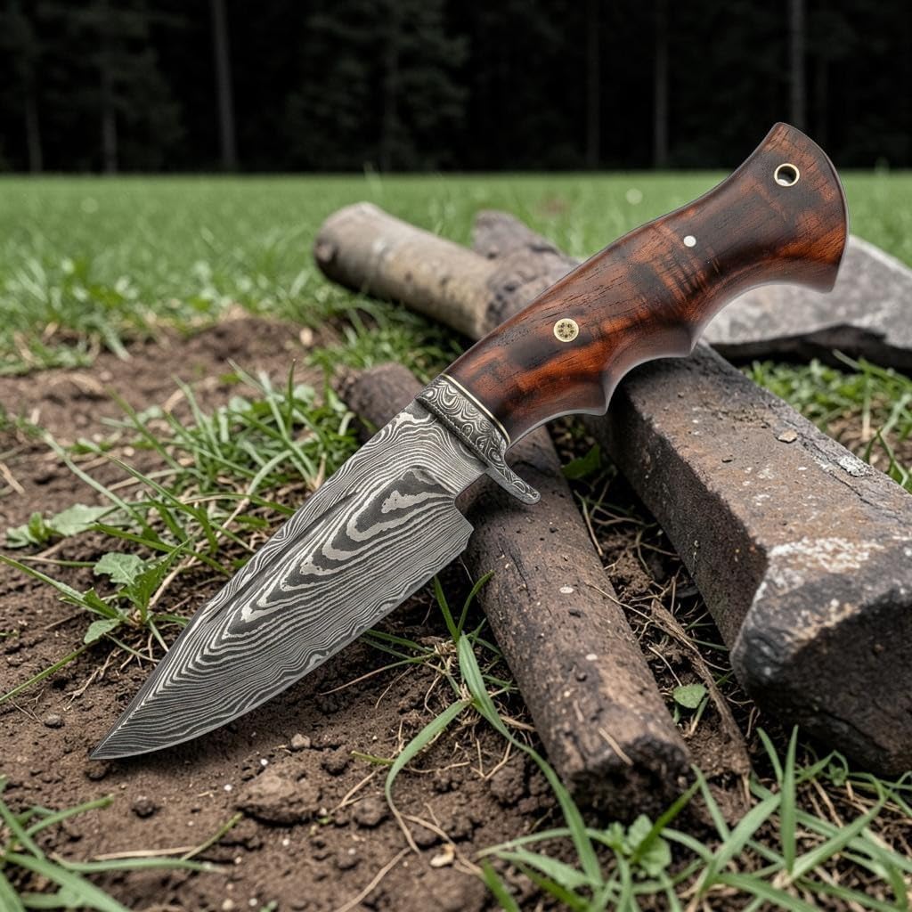 Poshland Custom Handmade Damscus Steel Knife. Perfect Grip Wooden Handle