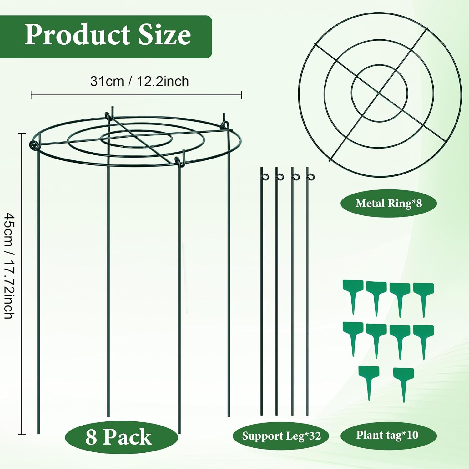 8 Pack Peony Cage Plant Support Ring, Heavy Duty Plant Cages & Supports, Metal Peony Support for Outdoor Plants, Grow Through Plant Support for Peony Rose Hydrangea Tomato (12.2" D x17.72 H)