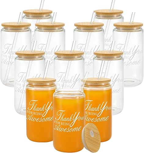 Vaso con diseño de agradecimiento por ser impresionante con tapas de bambú y popote de vidrio, paquete de 12 latas de cerveza inspiradoras de