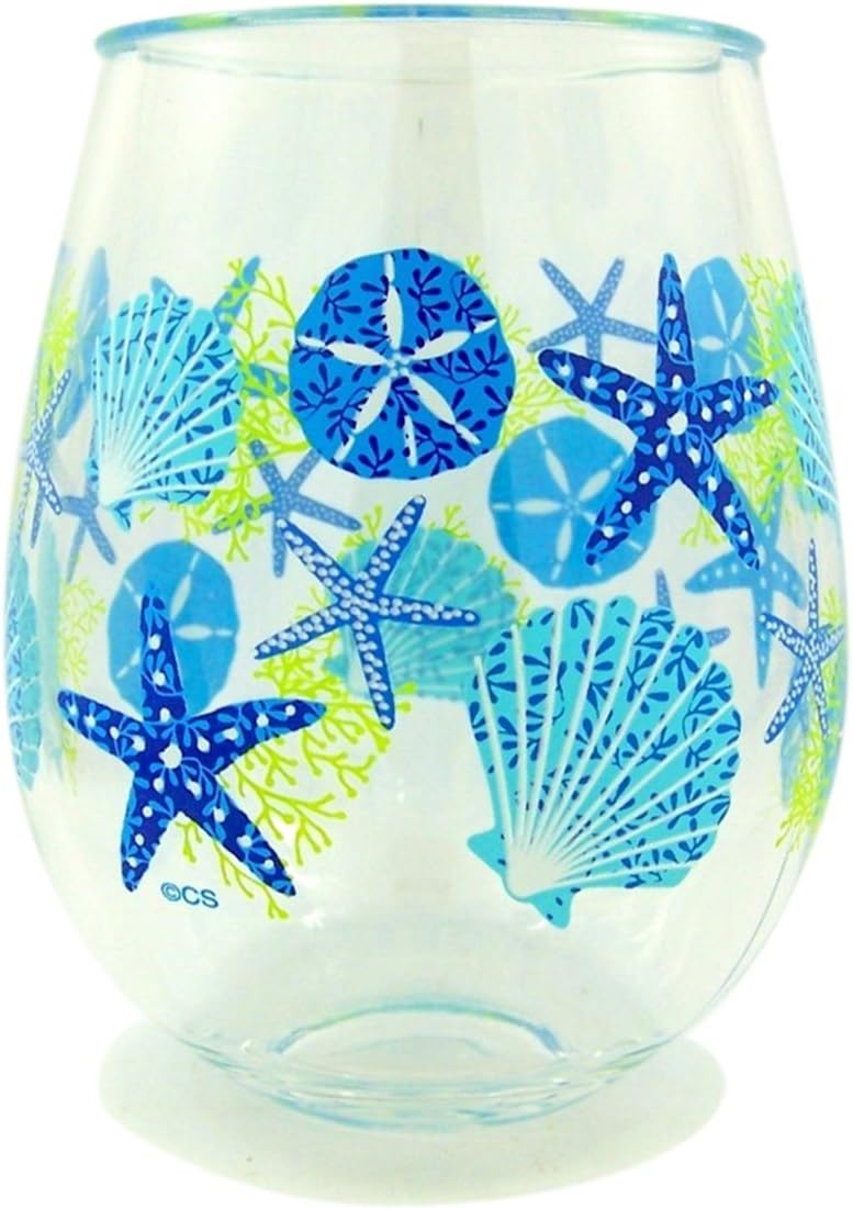 Summer Sea Shells Beach Plastic Wine Glass Tumbler, 16 oz, Pack of 2