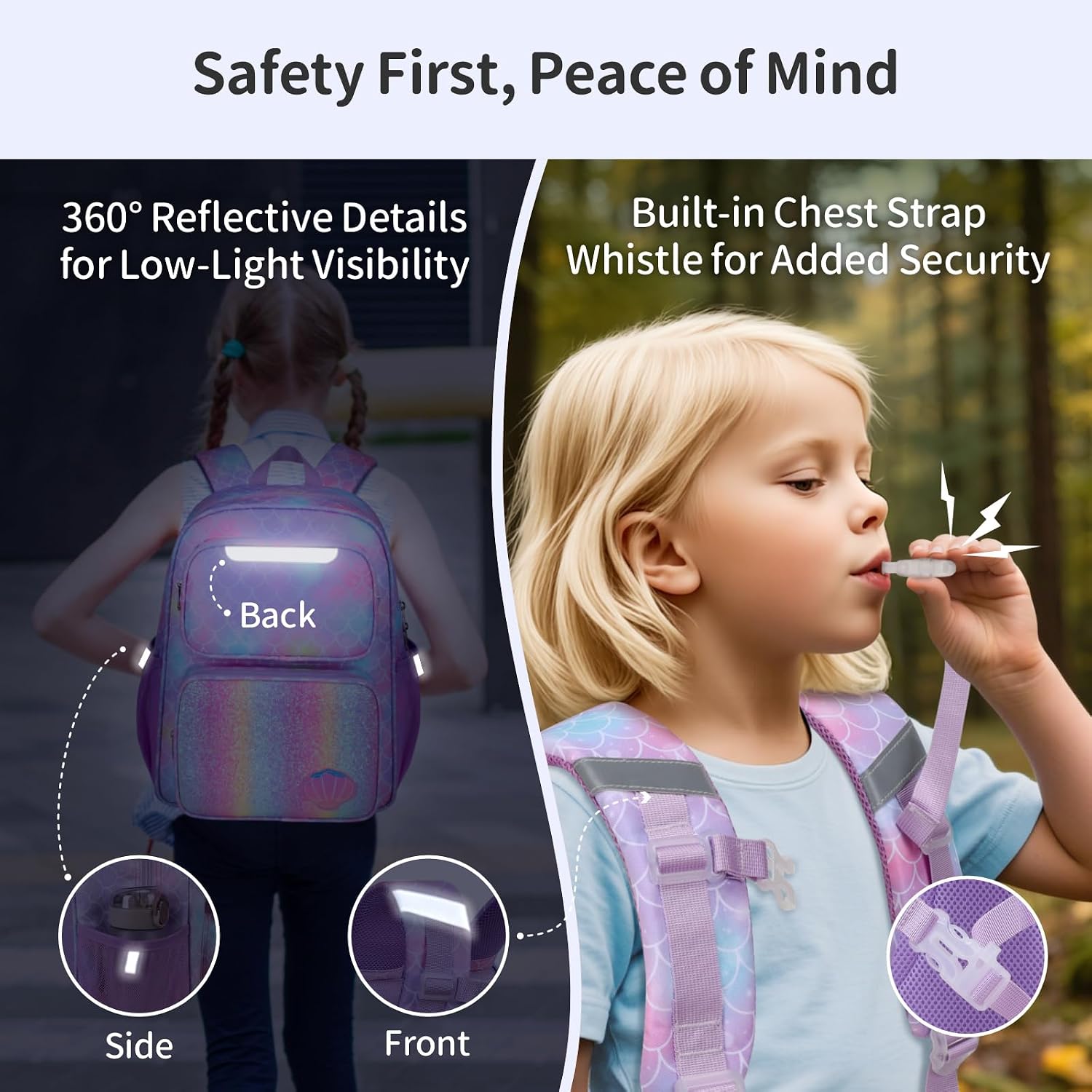 Kids Backpack for Boys Girls - 15 Inch Pre-K Kindergarten Backpack for Kids Aged 4 to 7, 3pcs Backpack Set, Fits Folders, Purple Mermaid