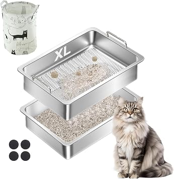 Stainless Steel Sifting Cat Litter Box for Clumping Clay Litter, Large Metal Litter Pan with Quick Sifting System, Sifting Tray with Easy Lift Handle, Odor Control 23.7"x15.6"x5.9"