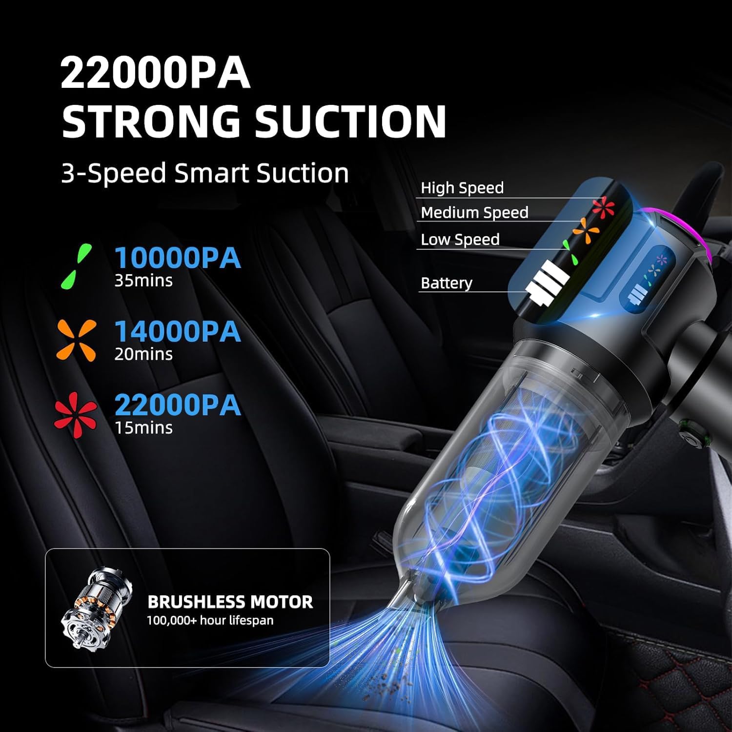 Cordless Vacuum Cleaner - 22000PA Handheld Car Vacuum, 4-in-1 Portable Mini Air Duster Rechargeable, 3-Speed Small Powerful Gadgets & Gifts, for Home, Office, Mattress, Carpet, Pet (Black)