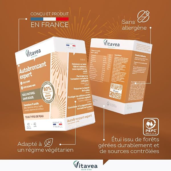 Vitavea bien-être - Autobronzant Expert - Hâle Doré et Effet Bonne Mine - Teint lumineux Sans Soleil - Complément Alimentaire avec Bêta-Carotène, Zinc, Vitamines C, E, B5, D - 40 Gélules - 40 Jours - 4