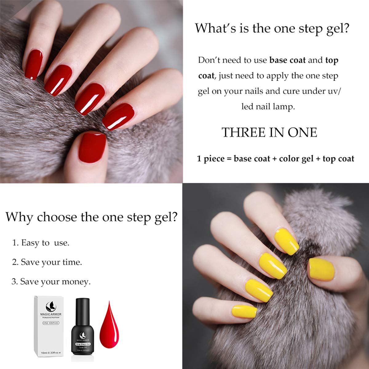 MAGIC ARMOR 1 Step Gel Nail Polish Set 10ml No Need Base and Top Coat Glitter White Red Gold Clear Pearl Pink Nails Glitter Colors