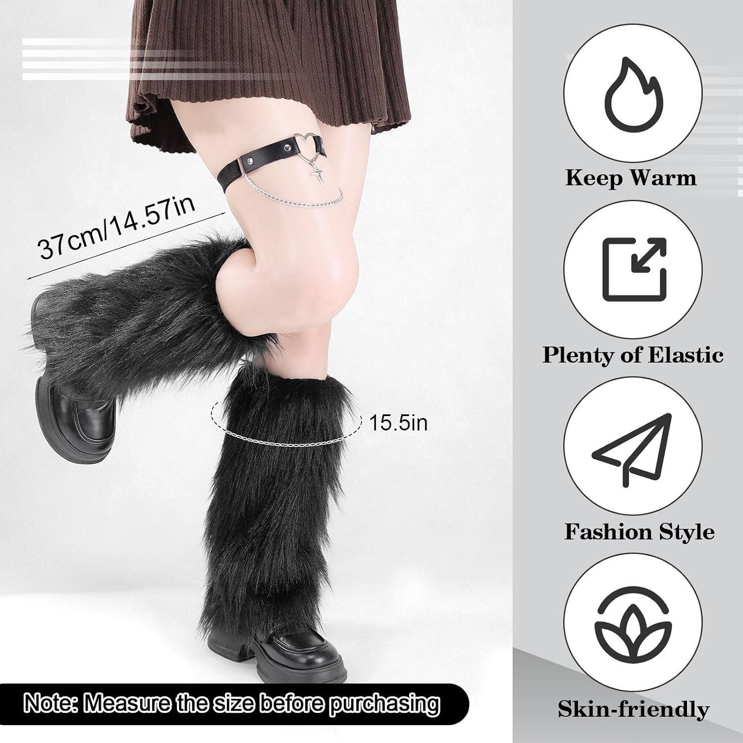 Women Faux Fur Fuzzy Leg Warmers with Faux Leather Chain