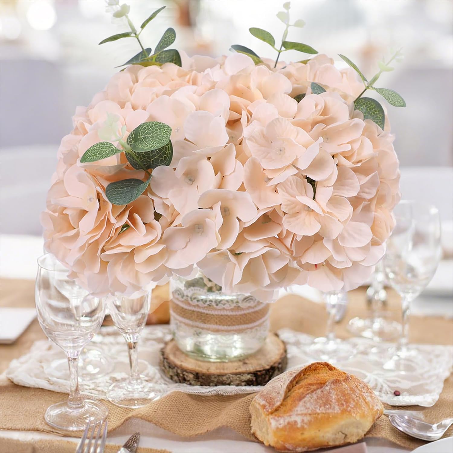 aviviho 65pcs fake flowers champagne hydrangea artificial flowers bulk (not squished, no steaming need) silk flowers with stems for wedding decor,home,baby shower,table centerpieces decoration medium champagne 65