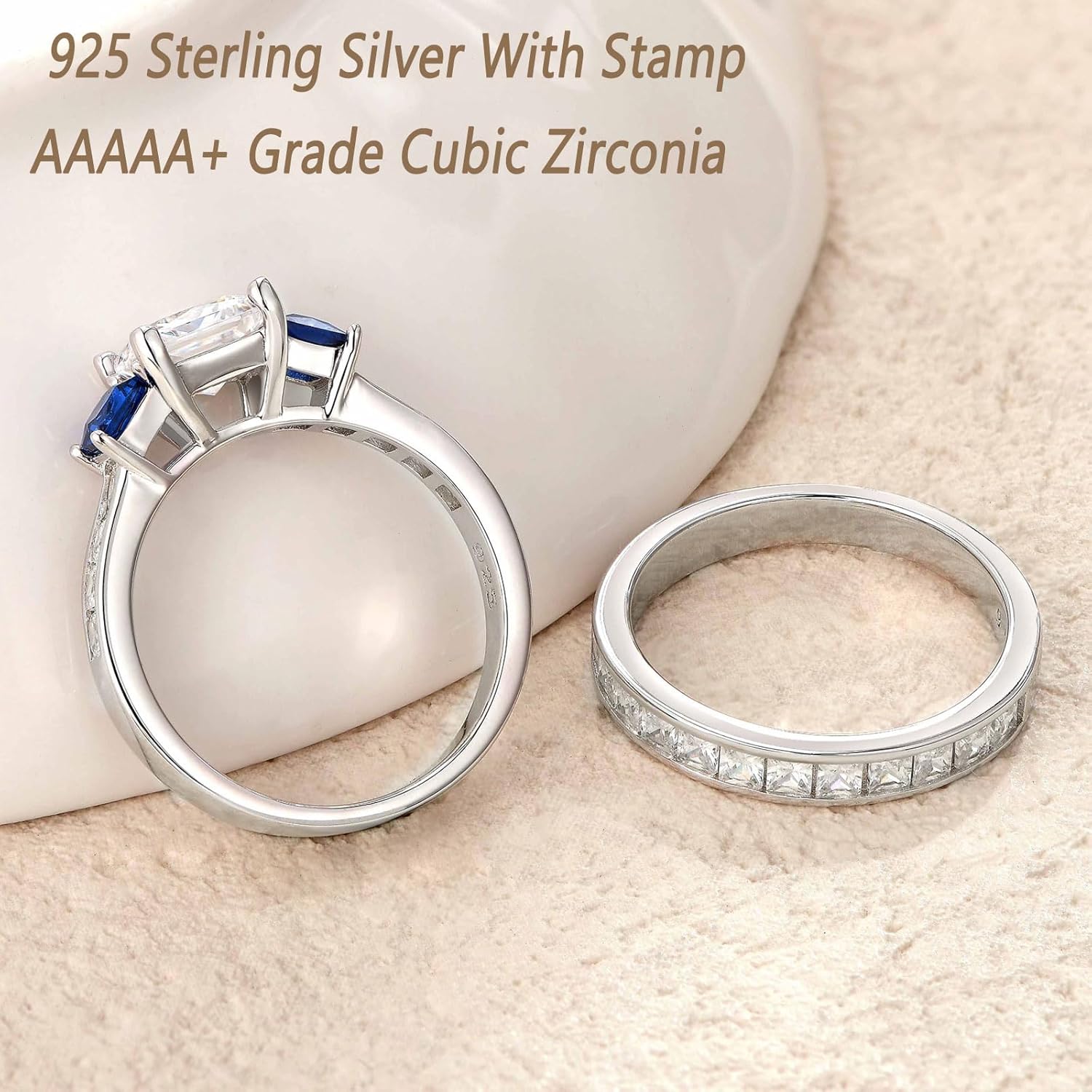 Wuziwen Three Stone Princess Cut Blue Simulated Sapphire and Cubic Zirconia Wedding Bridal Rings Set for Women 925 Sterling Silver Engagement Ring for Her