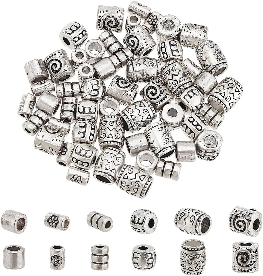 60Pcs Antique Silver Tube Beads Tibetan Column Spacer Beads Bulk 1-4mm Large Hole Bracelet Bead Metal Tube Spacer Bead 6 Styles for DIY Bracelet Necklace Jewelry Making