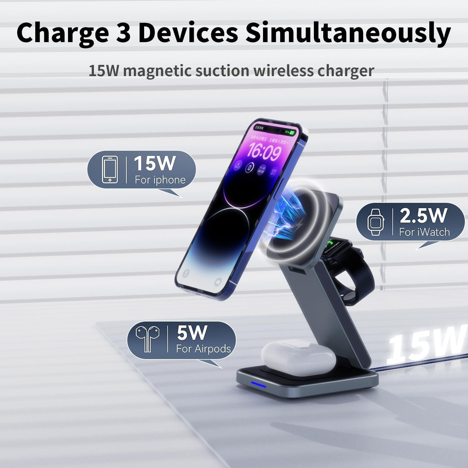 3 in 1 Magnetic Wireless Charger Station for iPhone 17/16/15/14/13/12 Series Mag-Safe Charging Station for Apple Watch Series 11-2/Ultra2/1/SE Foldable Wireless Charger for AirPods 4 3 2 1 Pro