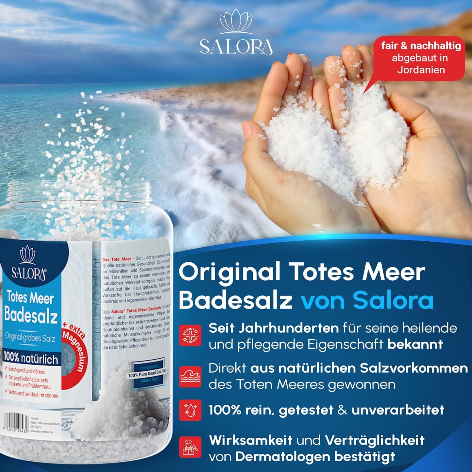 Salora ® Original Totes Meer Badesalz - 5 Kg [Frei von Zusatzstoffen] - Premium Meersalz Badesalz aus Jordanien - Vollbad oder Fußbad Salz mit Peeling Effekt
