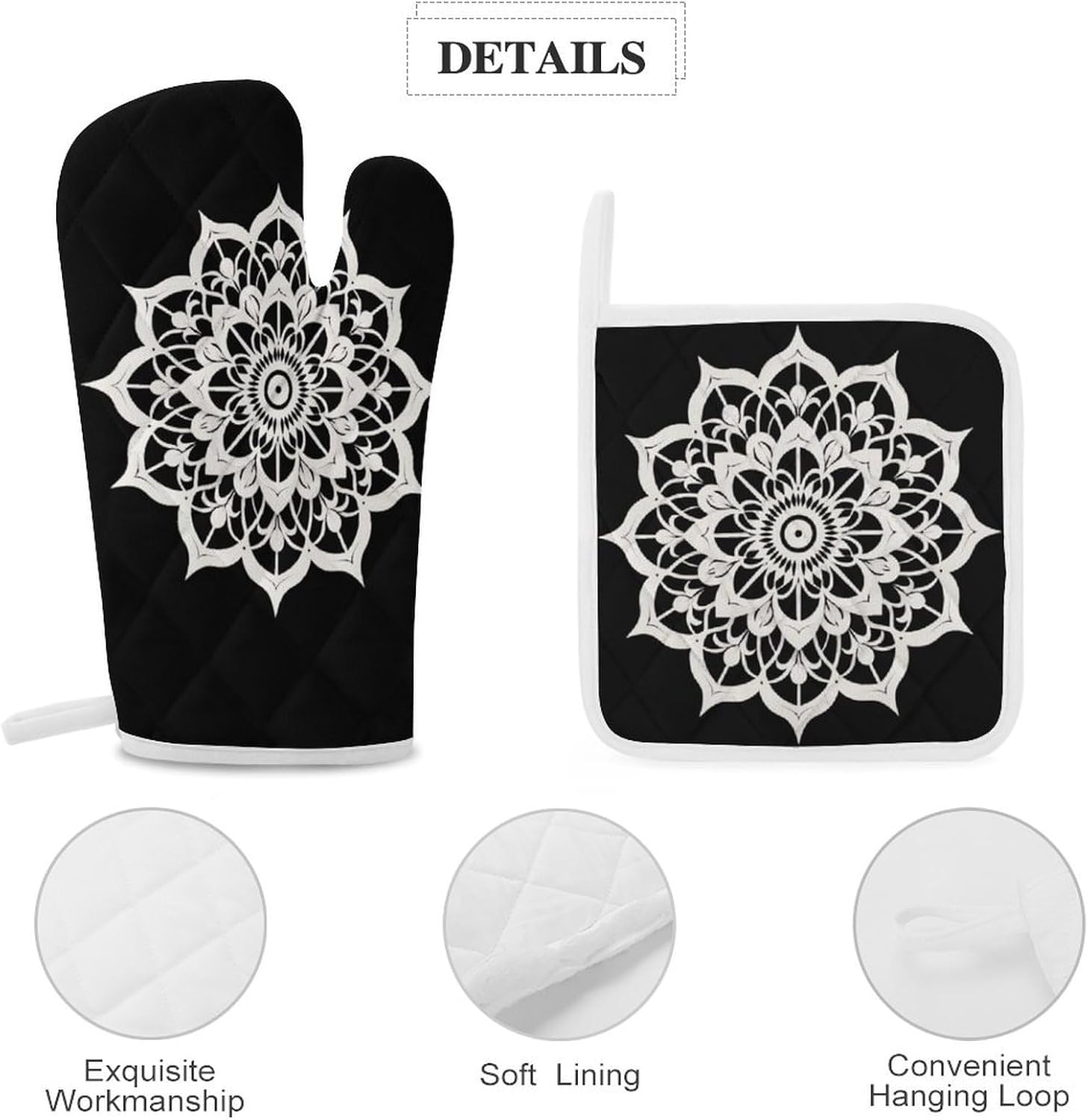 Mandala Lotuses Flower 4 Pcs Oven Mitts and Pot Holders Set High Heat Resistant Long Kitchen Oven Glove Potholders