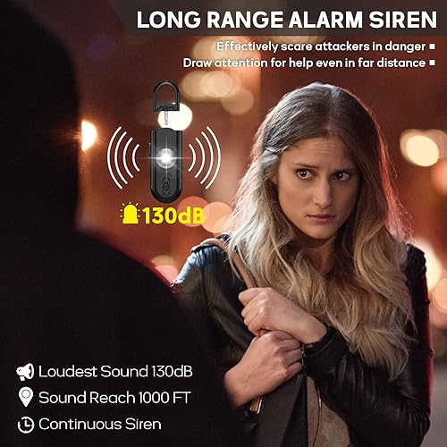 Miniatura 2 de Llavero de alarma de seguridad personal para mujeres, 2 unidades, sirena fuerte de 130 dB con luz estroboscópica SOS, linterna, altavoces dobles,
