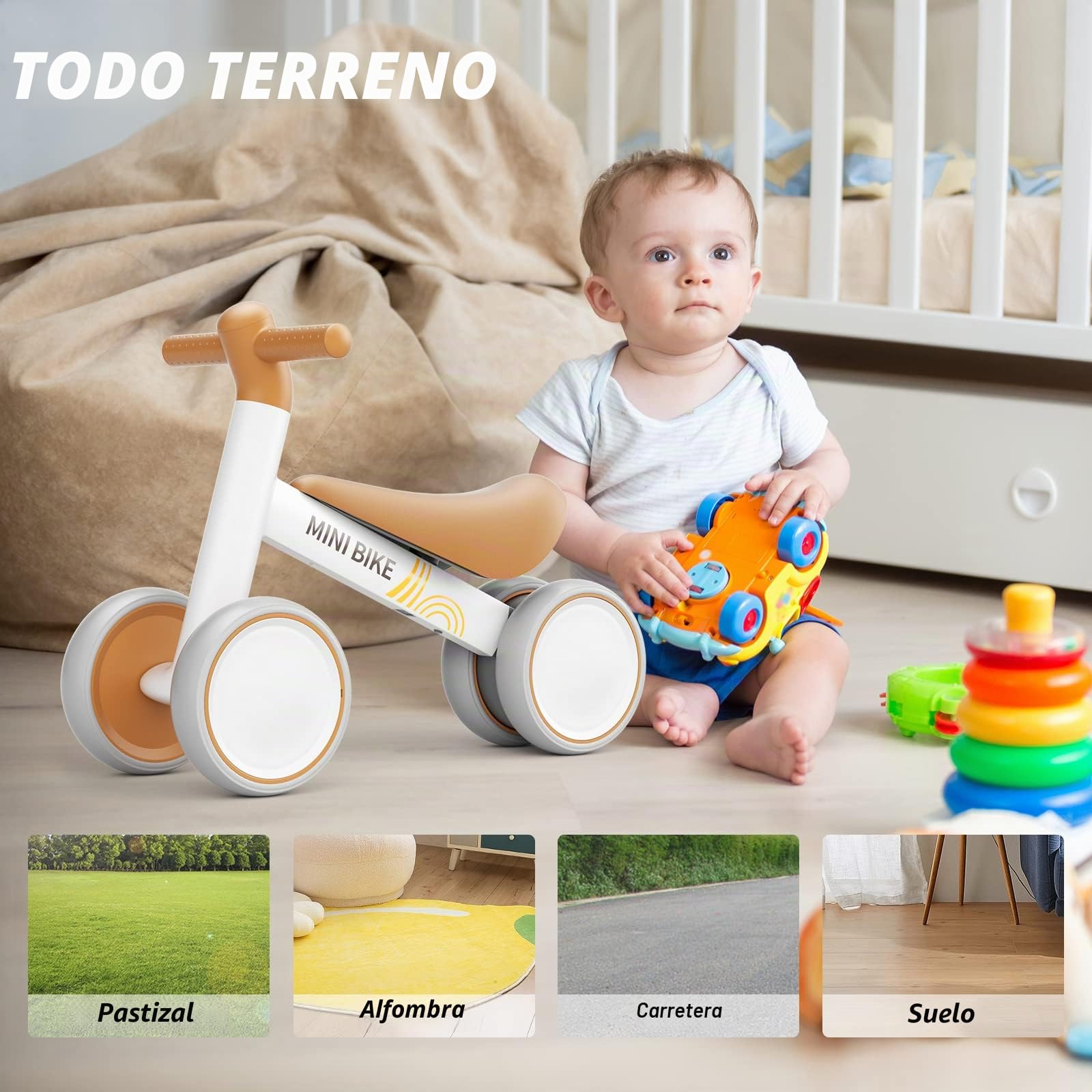 KORIMEFA Bicicleta de Equilibrio para pequeños de 1-2 años, Bicicleta sin Pedales con 4 Ruedas de Juguete para bebés de 10-24 Meses, Primera Bicicleta para niños y niñas como Regalo Cumpleaños