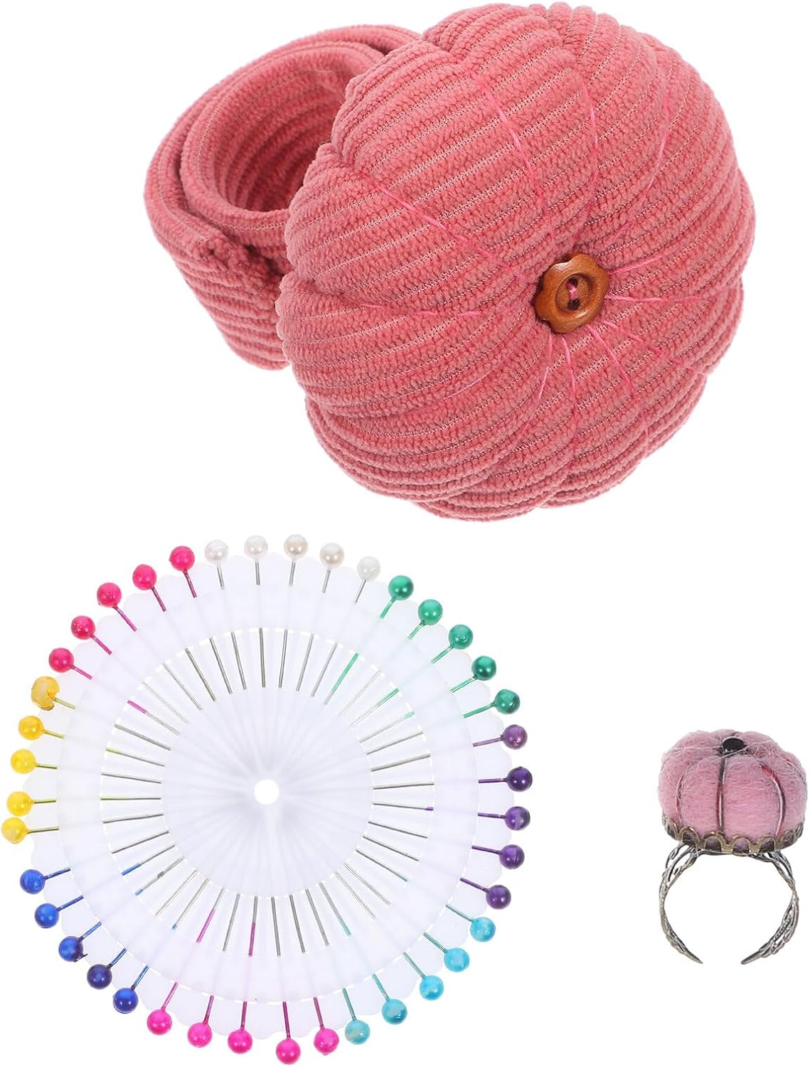 Beatifufu Pumpkin Wrist Pin Cushion Set for Sewing with Pink Corduroy Fabric Bracelet, Finger Ring Pincushion and Pearl Head Needle Holder, Suitable for DIY Crafts and Quilting