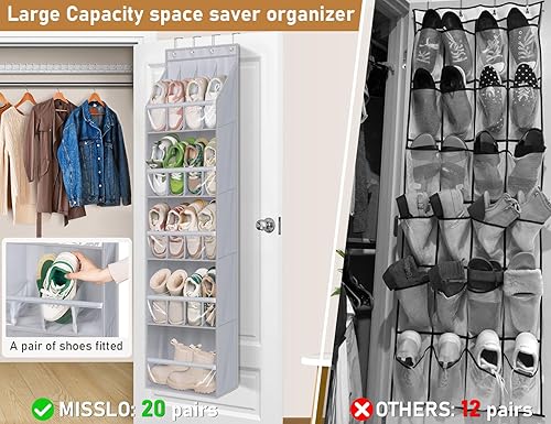 Miniatura 2 de MISSLO 20 pares de organizadores de zapatos sobre la puerta para armario, zapatero estrecho para colgar en la puerta, bolsillo profundo,