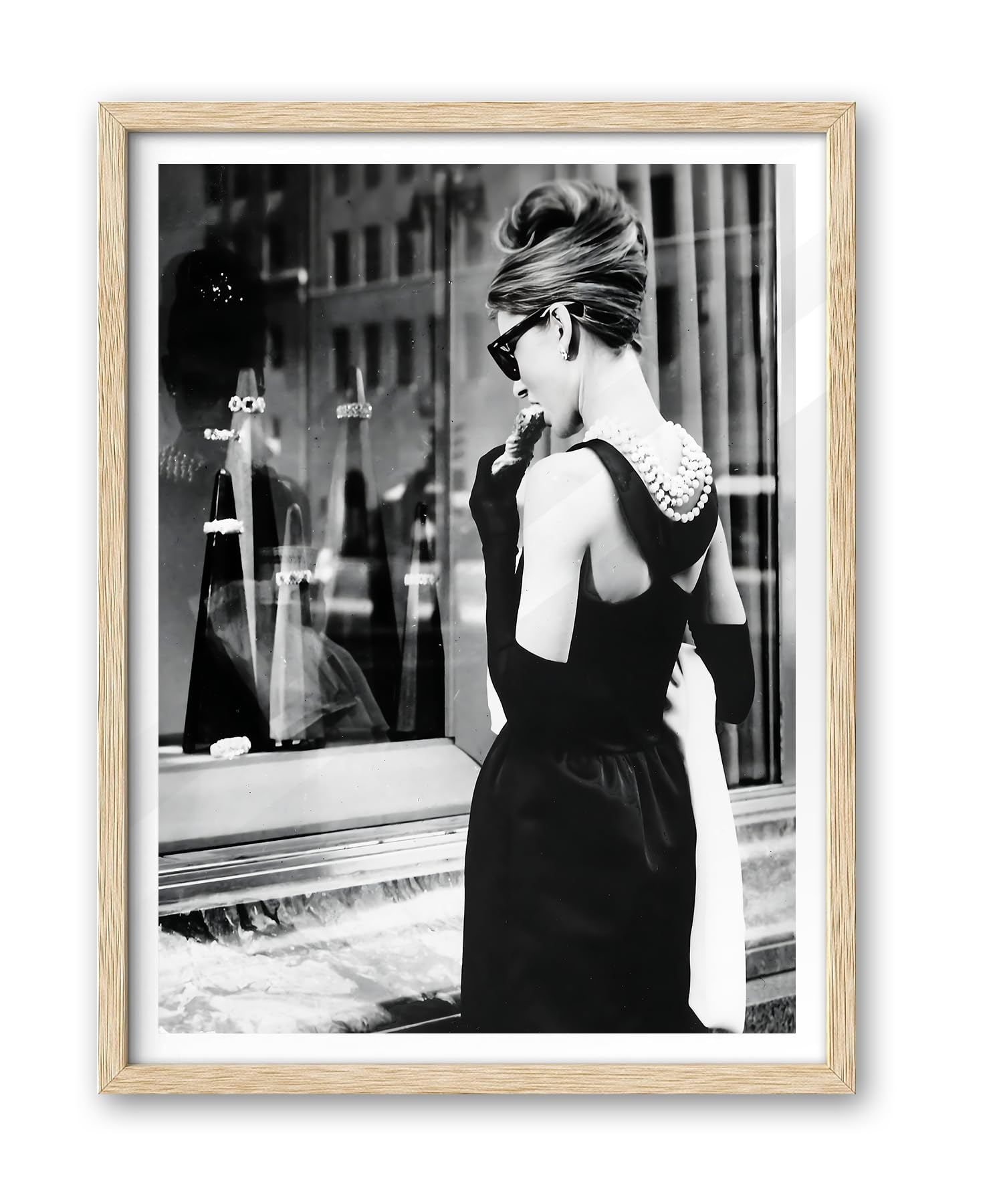 iHery Natural OAK Wood Audrey Hepburn Framed Wall Art, 12x16 in Timeless Elegance Canvas Breakfast Prints, Black and White Hypebeast Wall Art, Set of 1 for Bathroom Bedroom Decor