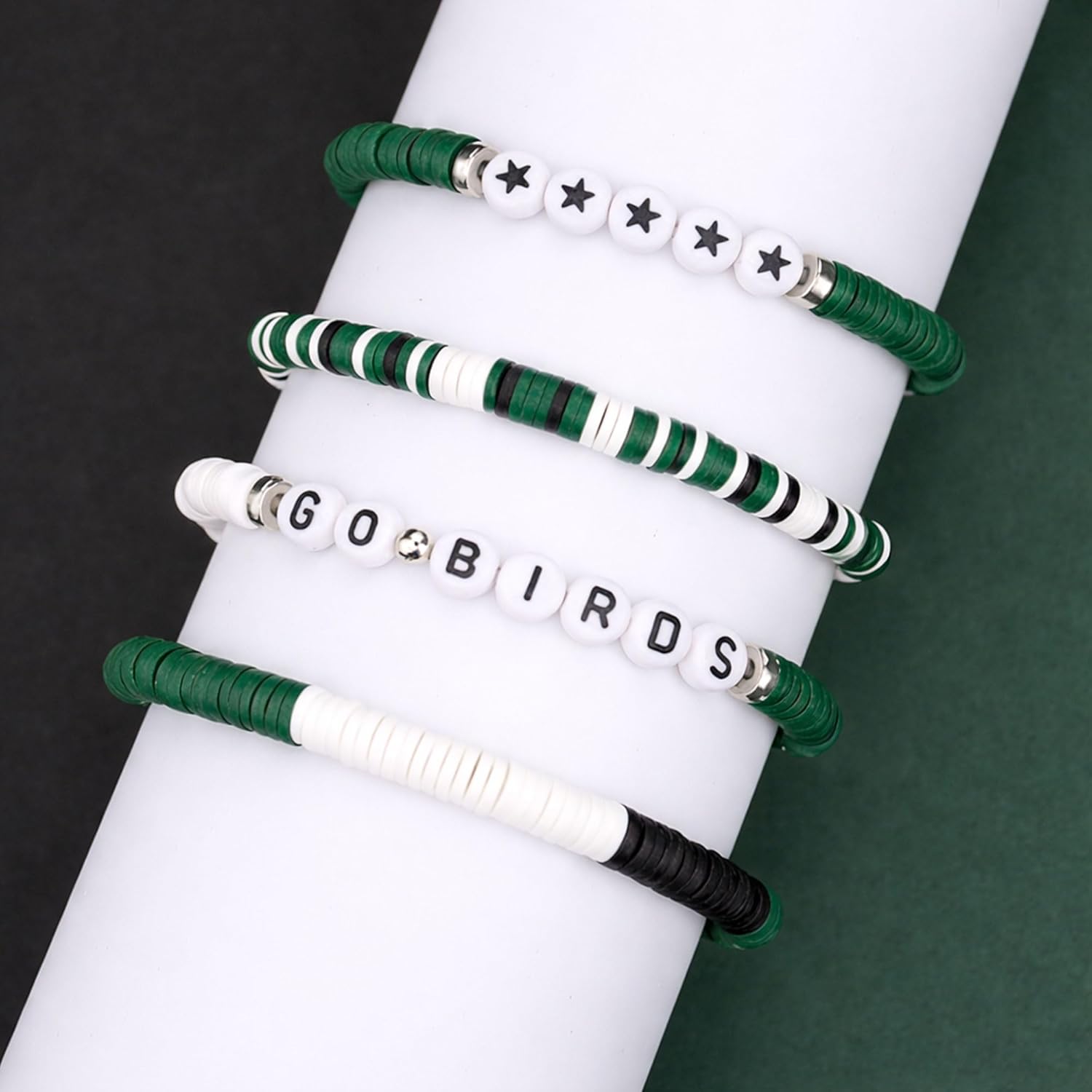 Game Day Bracelet Set for Football Fans – “Go Birds” Green White Black Stackable Beaded Bracelets, Handmade Polymer Clay Stretch Team Color Bracelets, Sports Fan Jewelry Gift for Women & Teens - Image 6