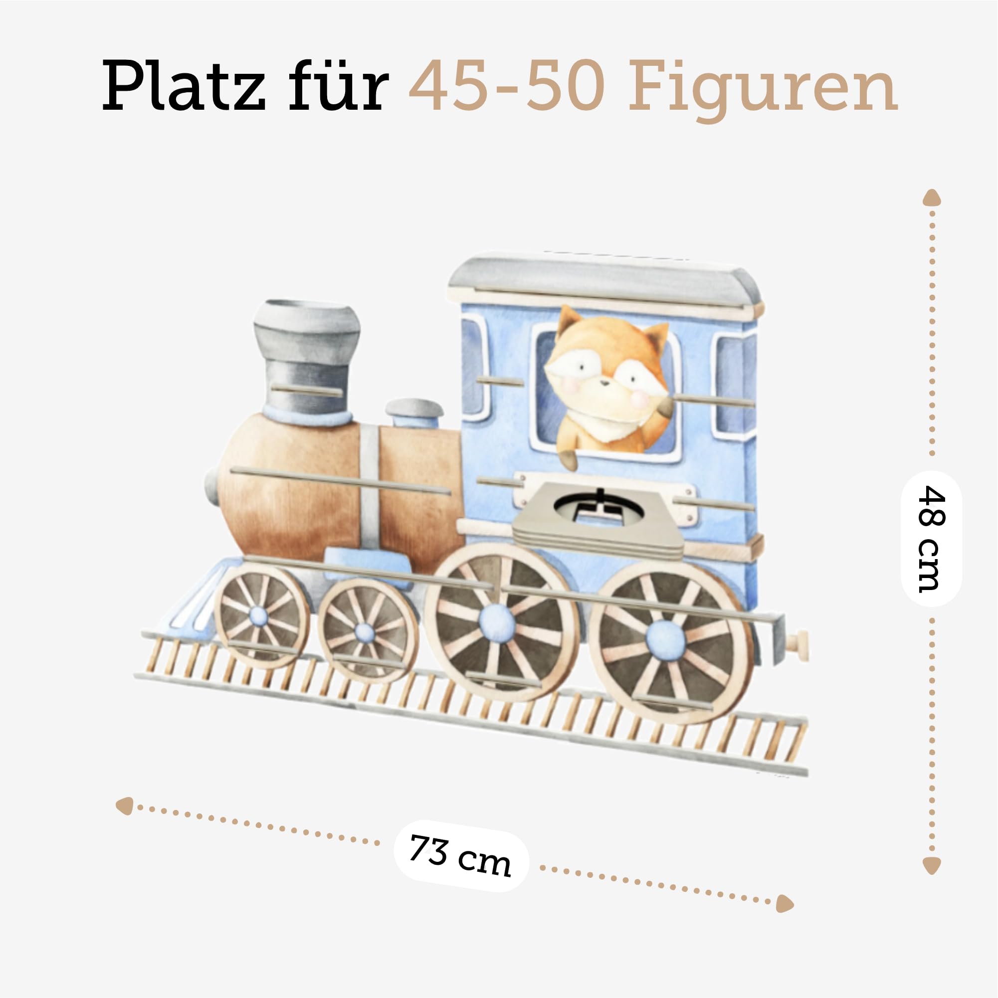 Farbklecks-Collection Musikboxregal Lokomotive mit Fuchs, Wandregal für bis zu 50 Hörfiguren, Maße 6 x 73 x 48 cm, mit speziellem Ablagefach kompatibel mit Toniebox, handgefertigt in Deutschland