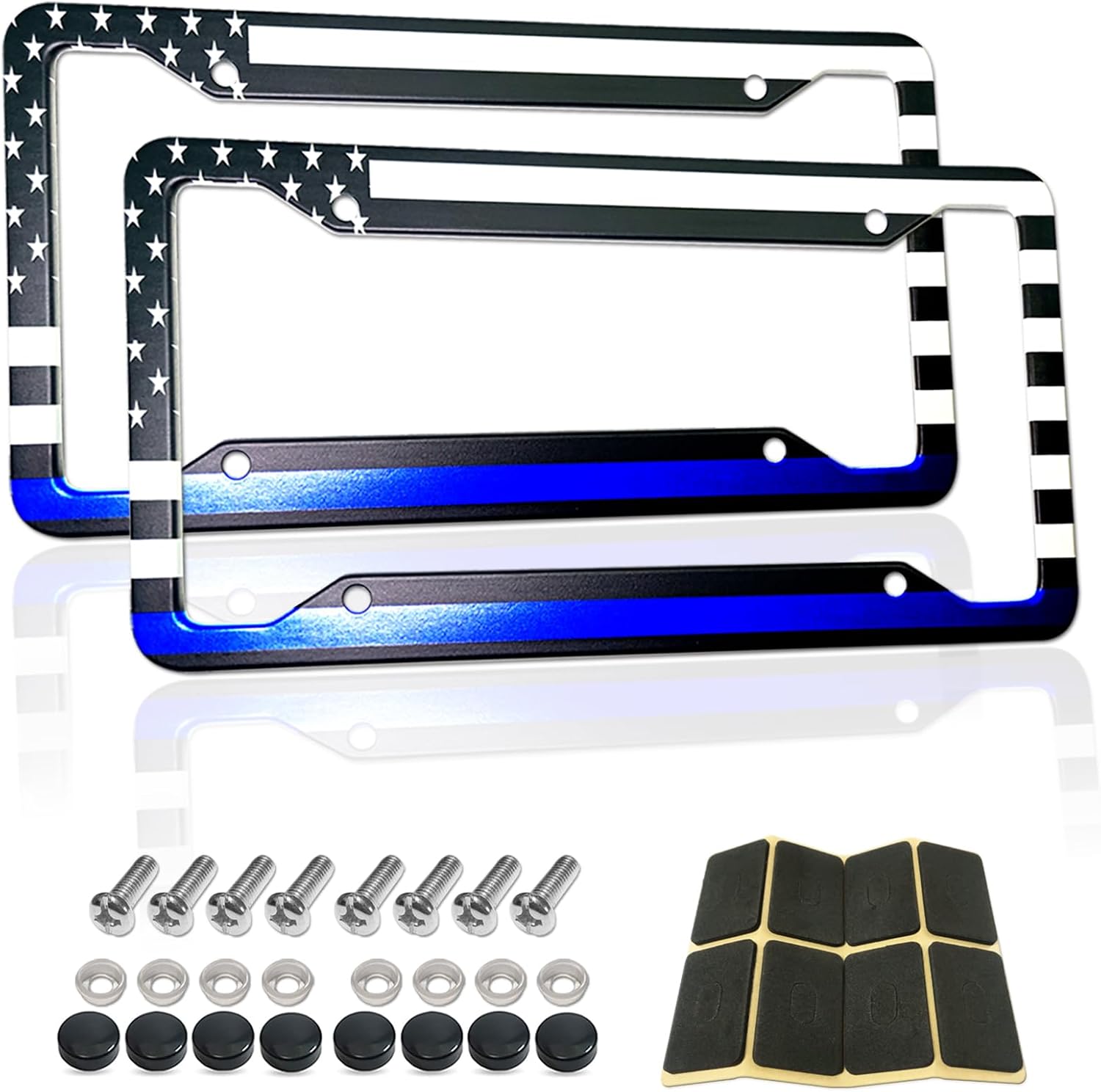 Thin Blue Line License Plate Frames - Aluminum American Flag Police Support with UV Printing, Rustproof Hardware & Black Caps -Back The Blue Design