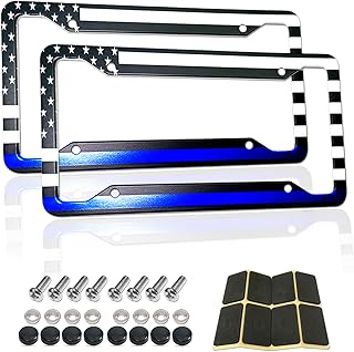 RCKJNJ Thin Blue Line License Plate Frames - Aluminum American Flag Police Support with UV Printing, Rustproof Hardware & Black Caps -Back The Blue Design